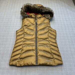 Eddie Bauer Vest Womens Small Gold Puffer Down Hooded Faux Fur‎ Outdoor Hiking